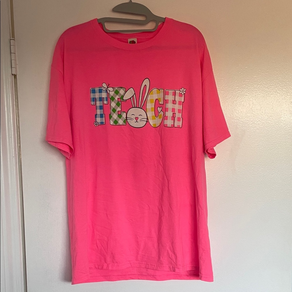 Teacher Easter Bright Pink Graphic Tee with Bunny Design